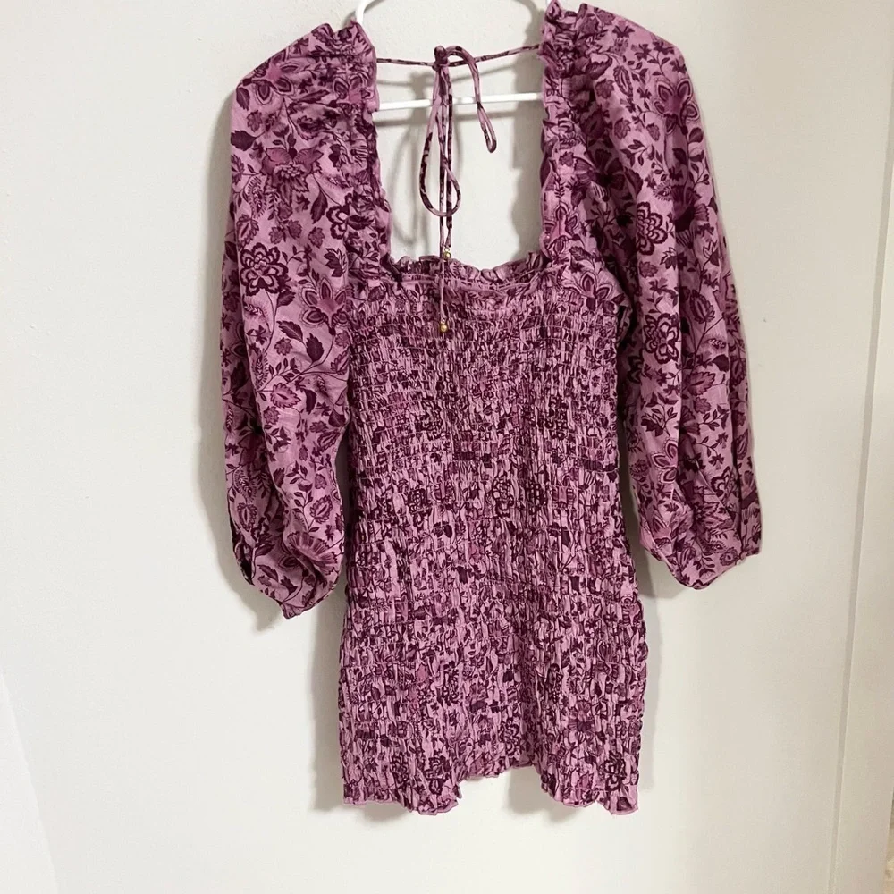 NWT Free people smocked purple mini dress puff sleeves cotton